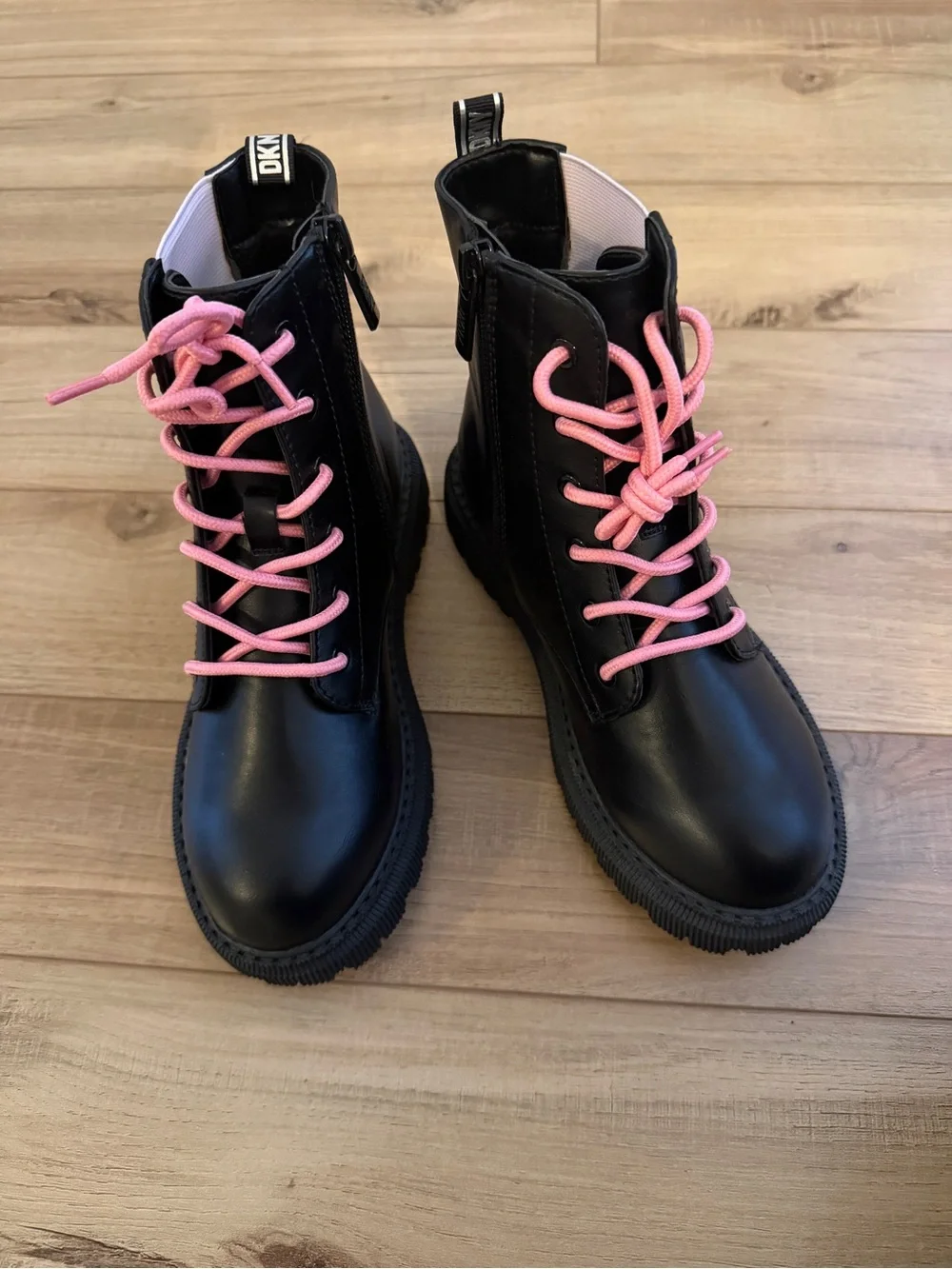 DKNY Girls Black Combat Boots with Pink Laces and Ombre Panel